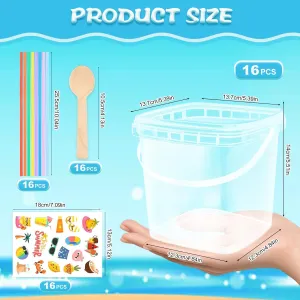 16 Pcs 68 oz Ice Cream Buckets with Lids and Handles Food Clear Bucket Plastic Buckets with Spoons Straws and Summer Stickers Drink Bucket for Summer Beach Pool Party