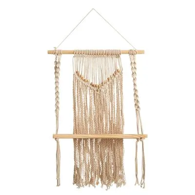 24" Boho Chic Wood Macrame Single Shelf Woven Beads Wall Art Décor