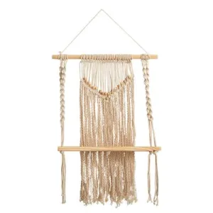 24" Boho Chic Wood Macrame Single Shelf Woven Beads Wall Art Décor
