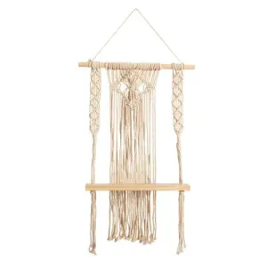 24" Boho Chic Wood Macrame Single Shelf Woven Diamond Wall Art Décor