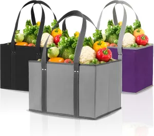 3 Pack Eco-Friendly Reusable Grocery Bags  Foldable Large Tote Bags with Long Handles & Solid Bottom  Sturdy Bags that Stand Upright for Easy Packing
