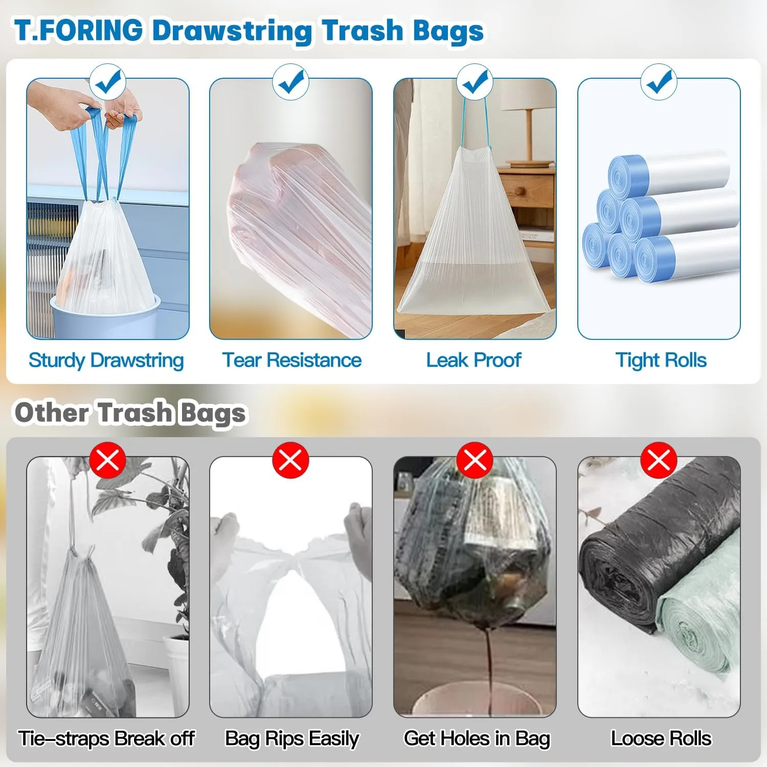 4 Gallon Trash Bags Drawstring 1.1 Mil - 120 Count White Small Garbage Bags Unscented for Bathroom, 15 Liter Thick Plastic Wastebasket Liners for Toilet Home Office and Bedroom