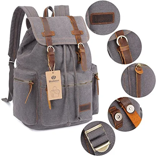 Bluboon Canvas Vintage Backpack Leather Casual Bookbag Men Women Laptop Travel Rucksack