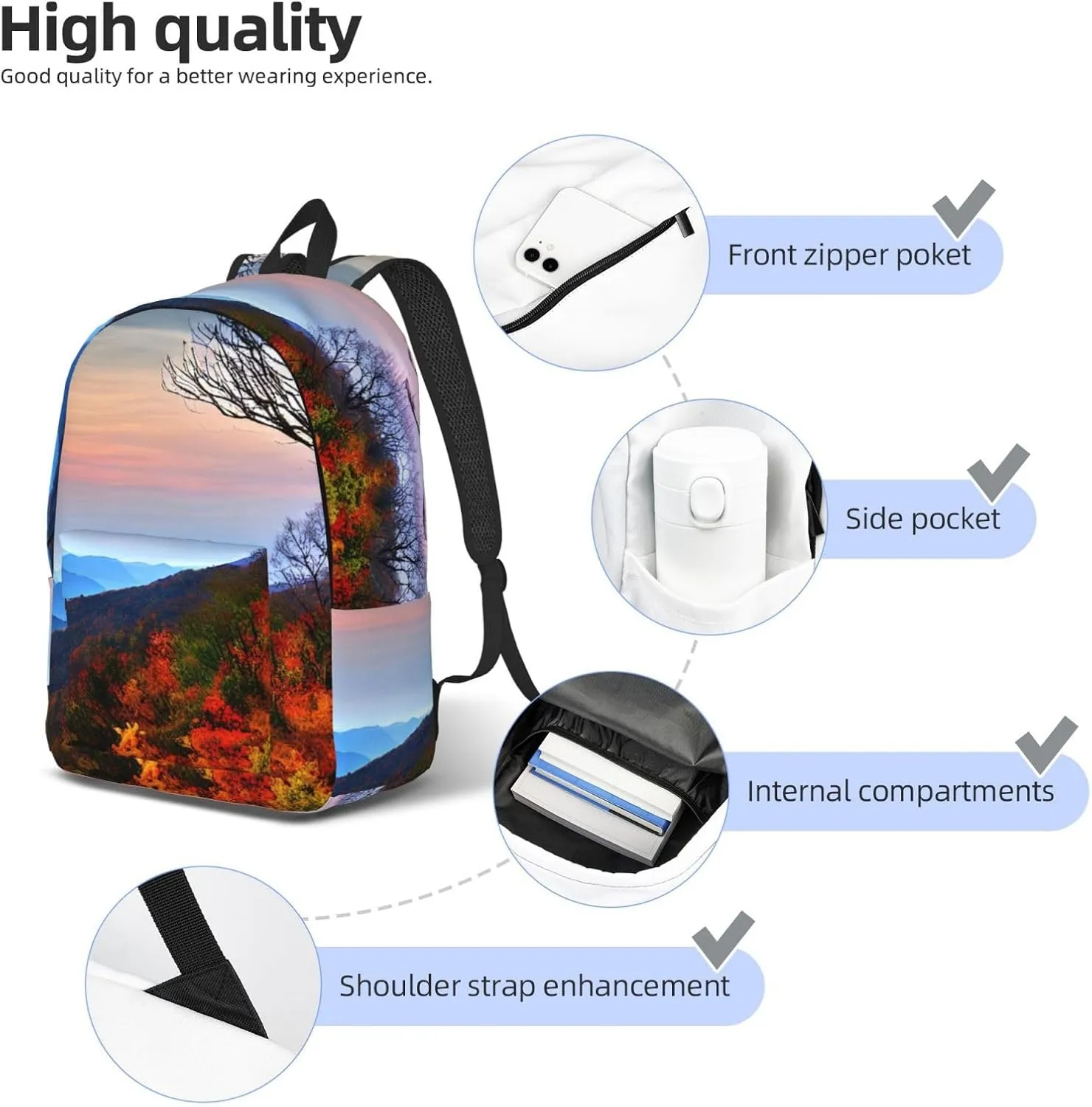 Blue Ridge Mountains Print Stylish Canvas Backpack,Travel Backpack With Pockets,For Hiking And Daily Use