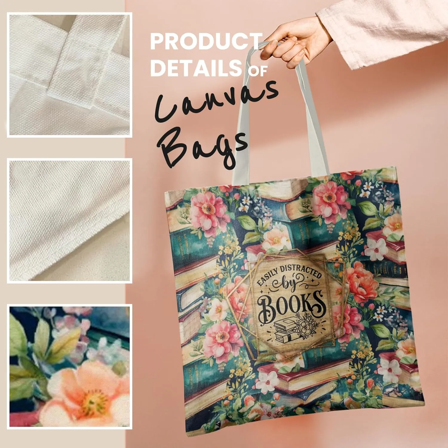 Book Canvas Tote Bag for Women Book Lovers,Reusable Shopping Bags Grocery Bags, Readers Bookworm Gift Ideas
