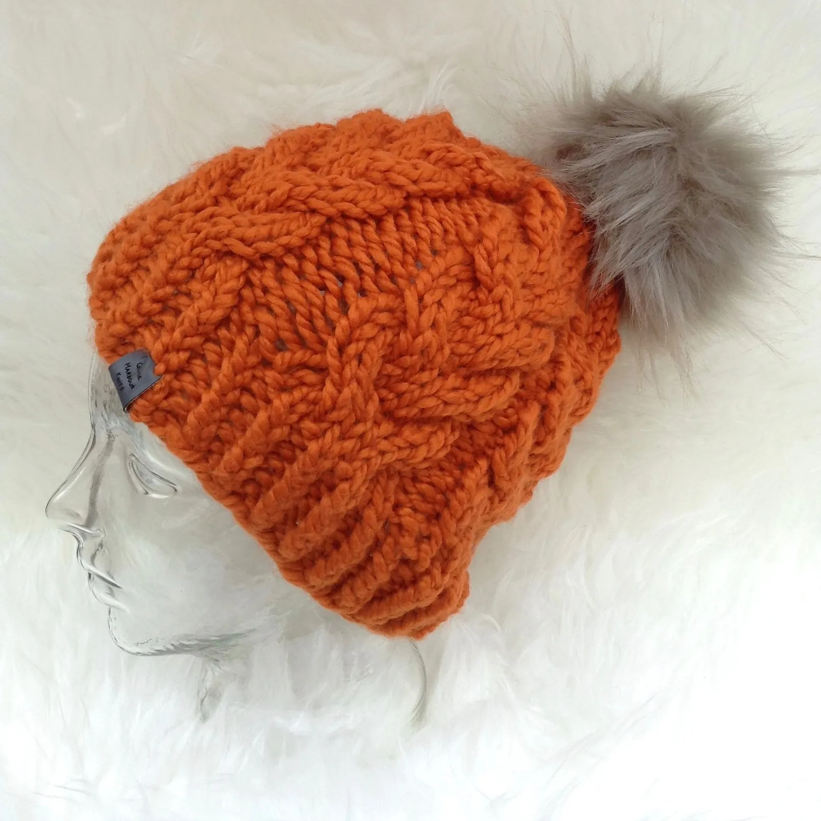 Chunky Cable Beanie in Pumpkin with grey Faux fur pom