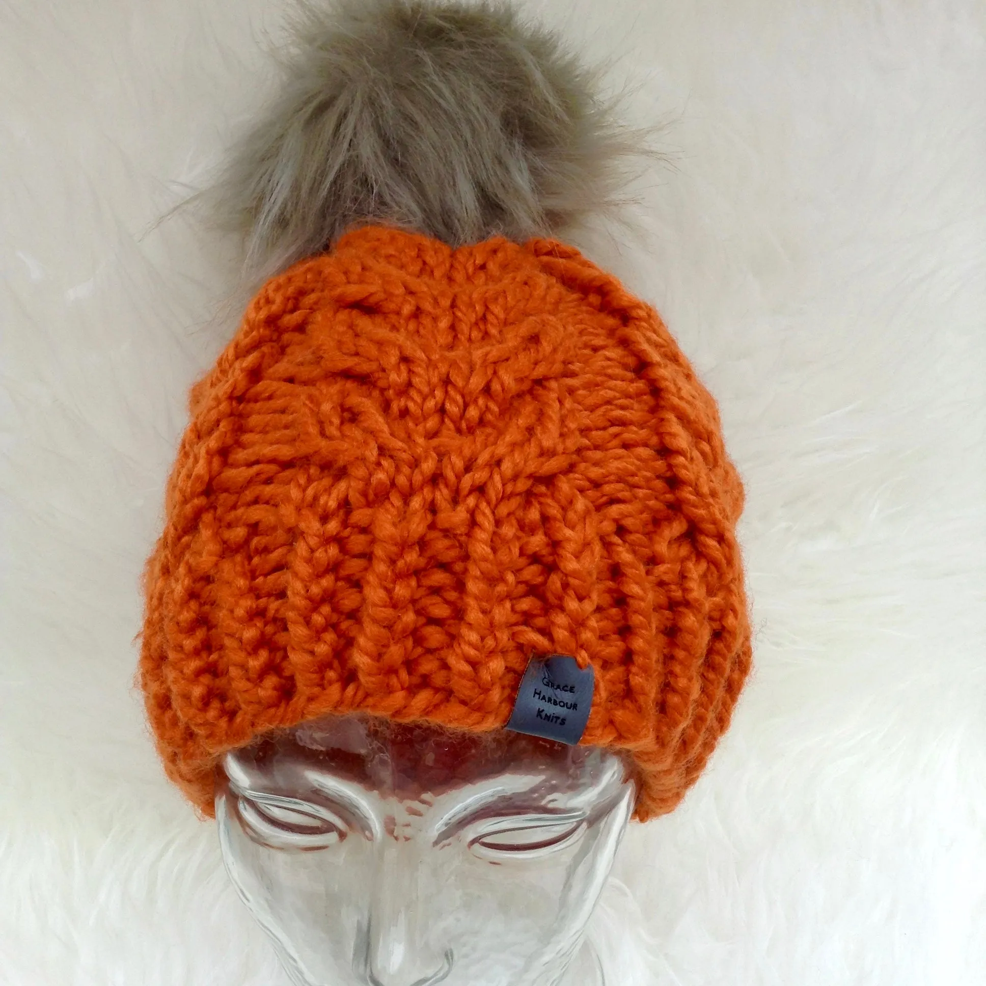 Chunky Cable Beanie in Pumpkin with grey Faux fur pom