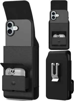 CoverON Holster with Earbuds Holder for Google Pixel 9 Pro 8a 8 7a 6a 5 4 Phone Case Belt Clip Vertical Earphones Buds Sleeve Carrying Vertical Leather Pouch Bag (Fits Otterbox or Any Case)