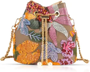 Crossbody Bags for Women, Hand Embroidered Leathers Tot Bag, Carry Handle Bucket bag, Bohemian Handbags for Women Vacation Travel Daily Matching(Orange)
