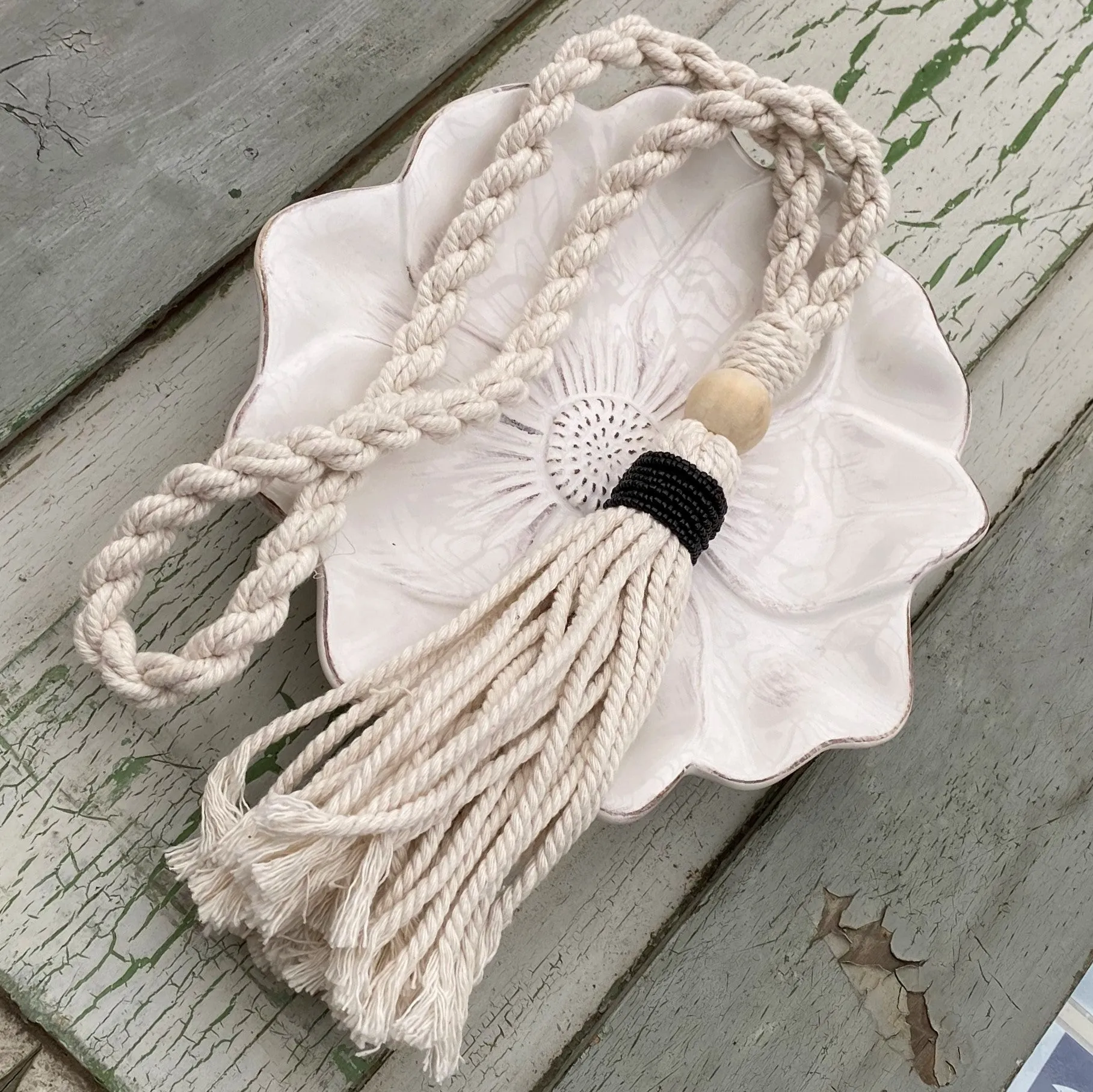 Decorative Macramé and Black Bead Garland Tassel - Natural Cotton Wooden Curtain Tieback Wall Hanging 35cm