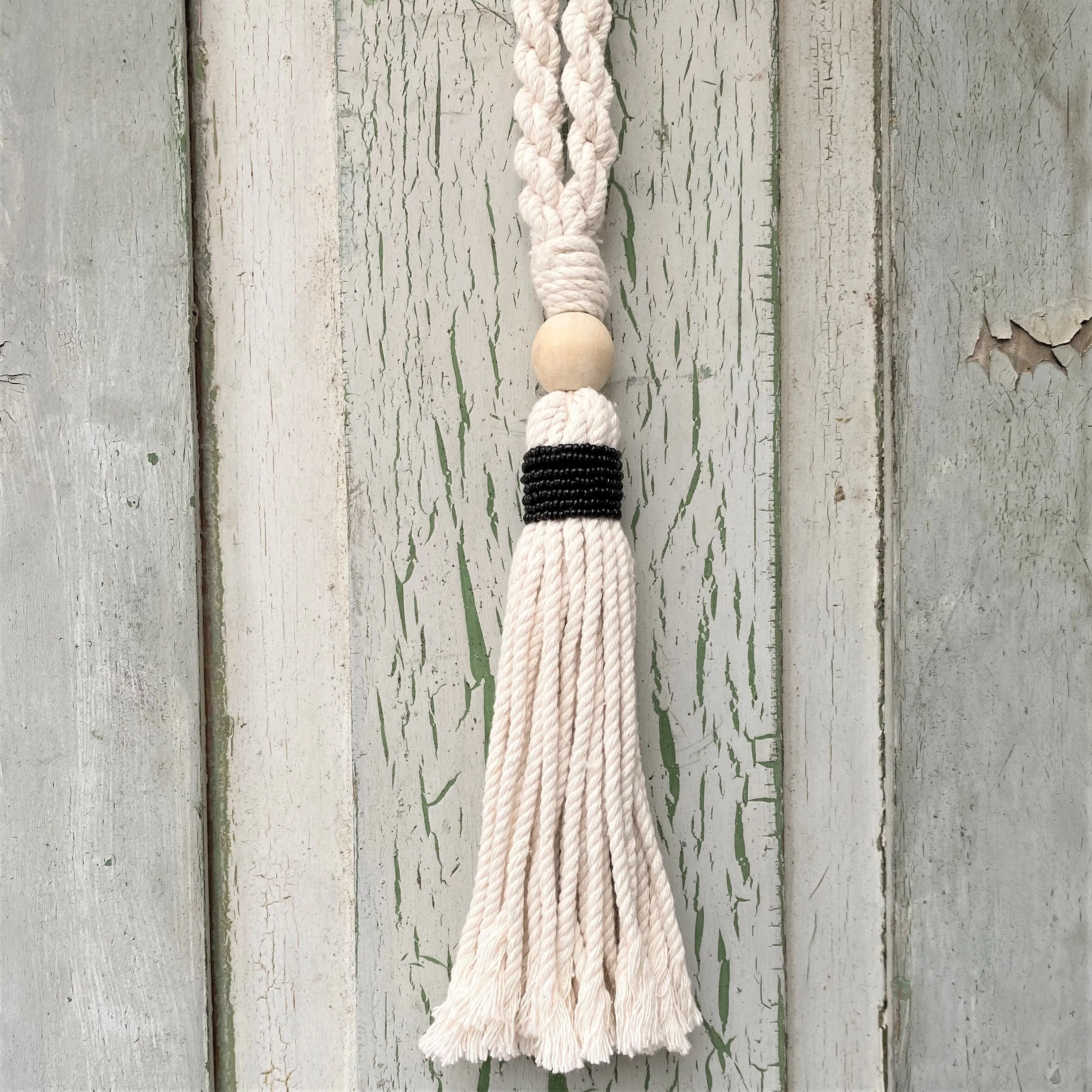 Decorative Macramé and Black Bead Garland Tassel - Natural Cotton Wooden Curtain Tieback Wall Hanging 35cm