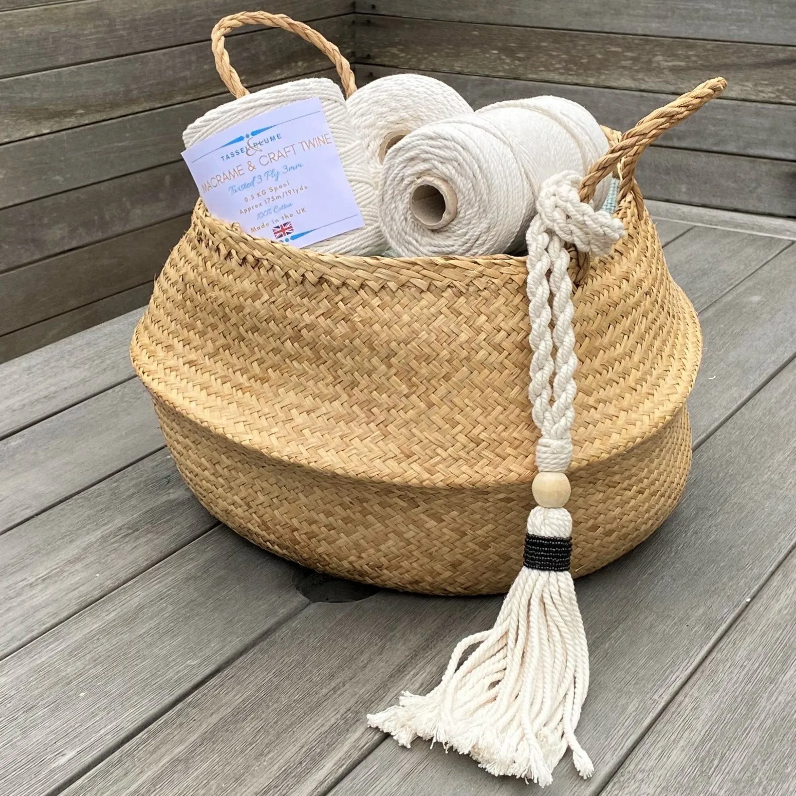 Decorative Macramé and Black Bead Garland Tassel - Natural Cotton Wooden Curtain Tieback Wall Hanging 35cm