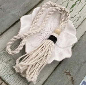 Decorative Macramé and Black Bead Garland Tassel - Natural Cotton Wooden Curtain Tieback Wall Hanging 35cm