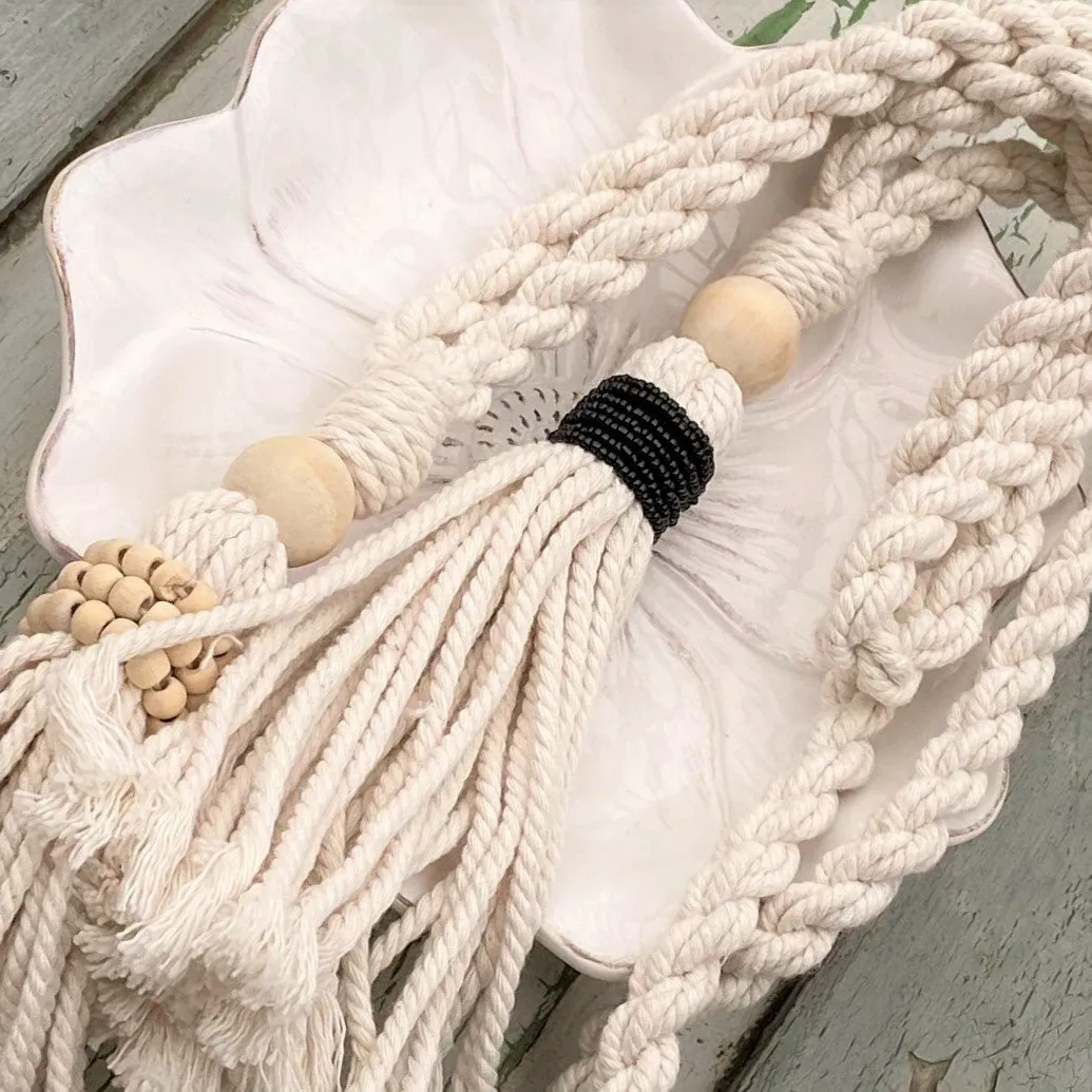 Decorative Macramé and Black Bead Garland Tassel - Natural Cotton Wooden Curtain Tieback Wall Hanging 35cm