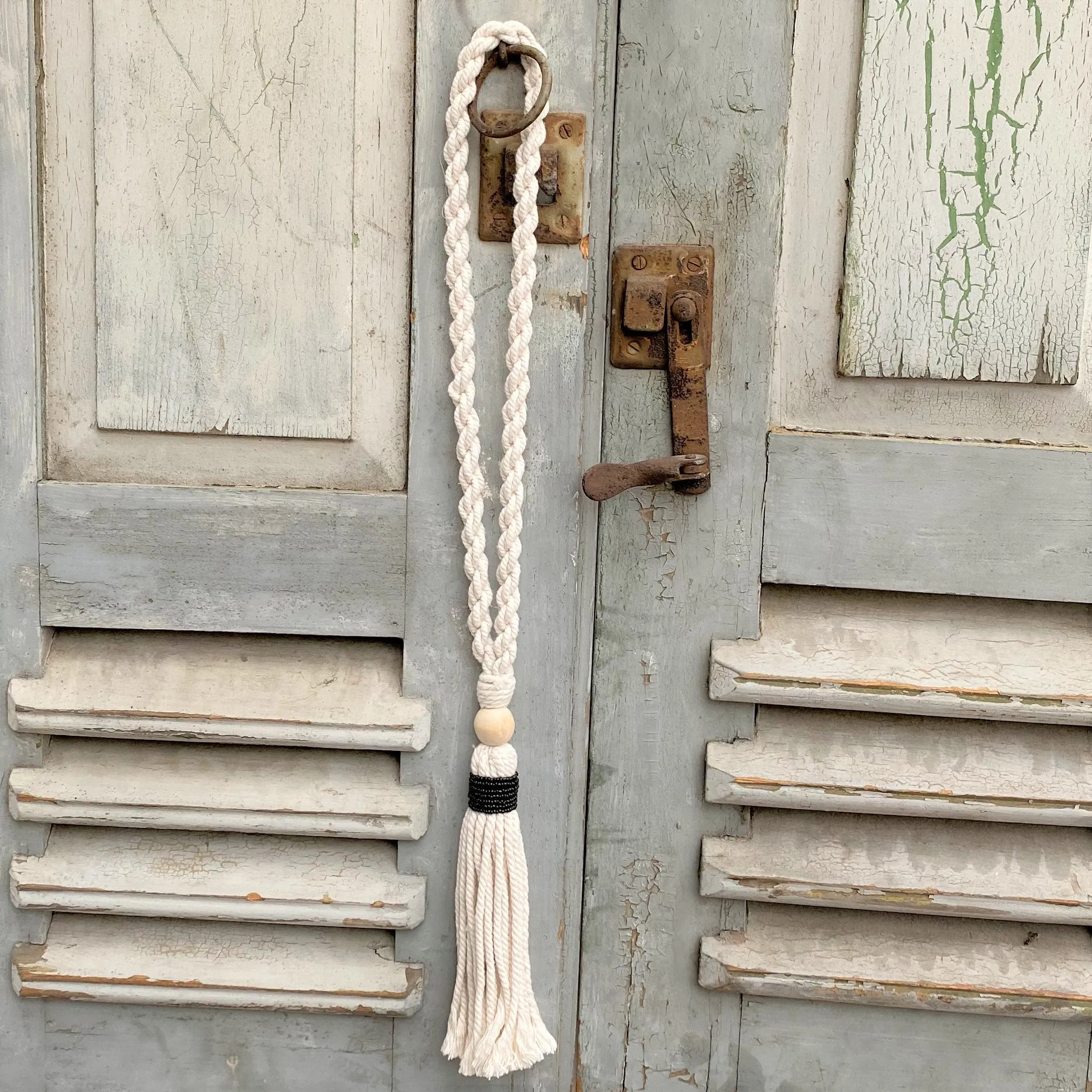Decorative Macramé and Black Bead Garland Tassel - Natural Cotton Wooden Curtain Tieback Wall Hanging 35cm