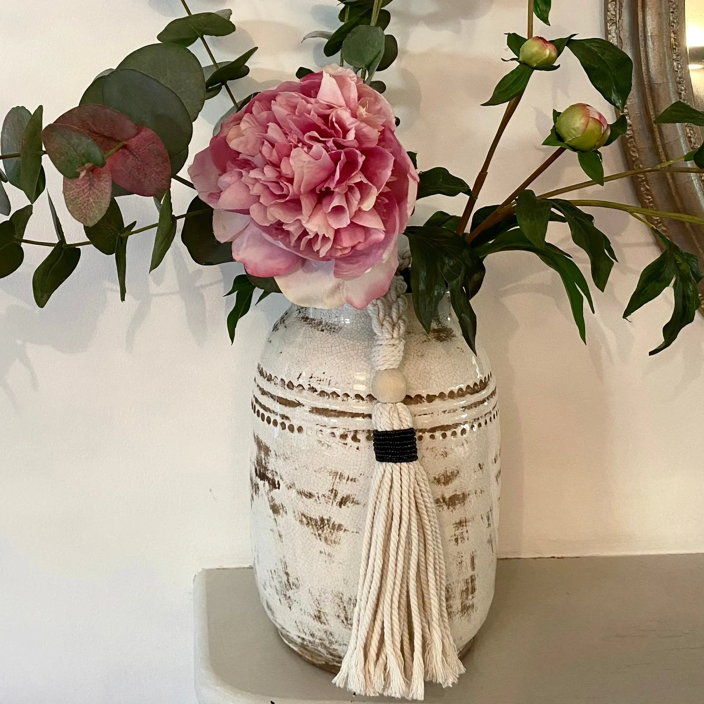 Decorative Macramé and Black Bead Garland Tassel - Natural Cotton Wooden Curtain Tieback Wall Hanging 35cm