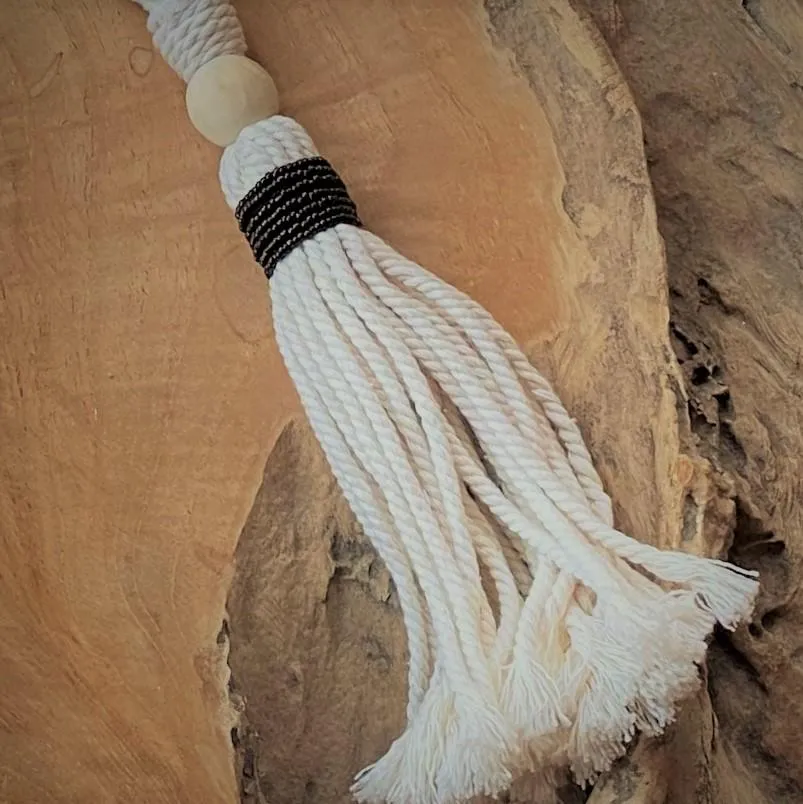Decorative Macramé and Black Bead Garland Tassel - Natural Cotton Wooden Curtain Tieback Wall Hanging 35cm