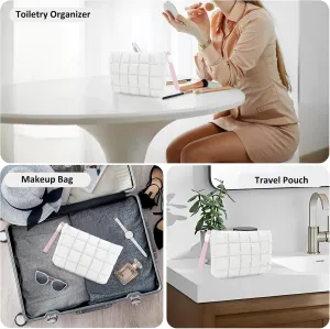 DOB SECHS Puffer Quilted Makeup Bag with Handle Detachable Cute Puffy Cotton Cosmetic Bag, Small Toiletry Zipper Make Up Pouch Purse, Checkered Clutch Bag Travel Storage Pouches Case, White