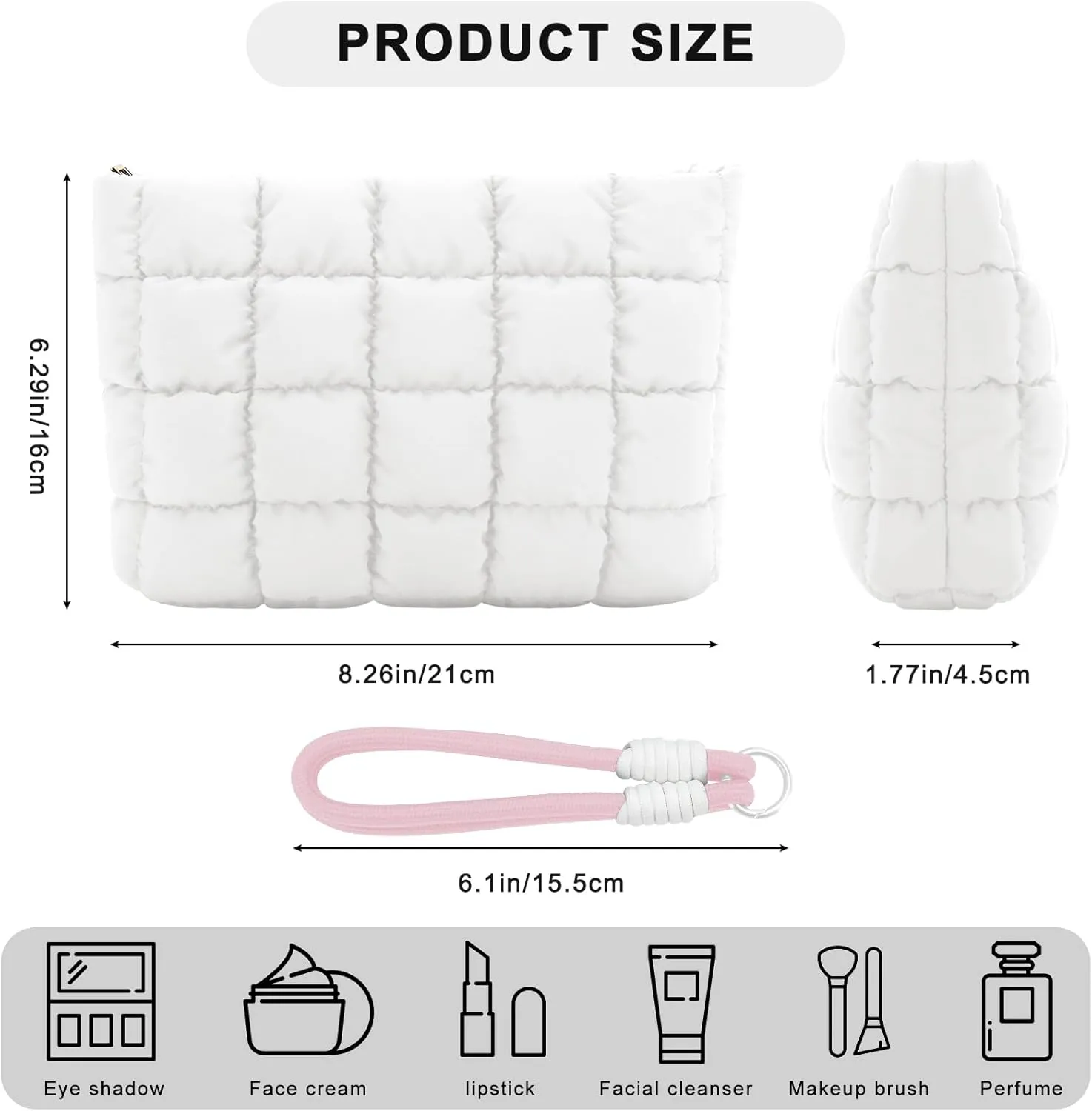 DOB SECHS Puffer Quilted Makeup Bag with Handle Detachable Cute Puffy Cotton Cosmetic Bag, Small Toiletry Zipper Make Up Pouch Purse, Checkered Clutch Bag Travel Storage Pouches Case, White