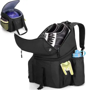 DSLEAF Bowling Backpack and Separate Ball Bag Combo, Bowling Ball Bag with Wooden Ball Holder and Shoe Compartment Hold A Pair of Shoes US Mens 16 and Multi-Pockets for Accessories (Patent Design)