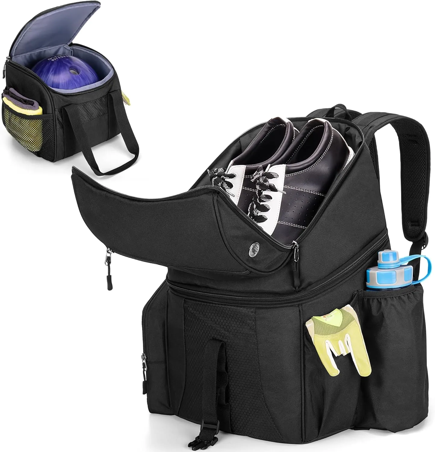 DSLEAF Bowling Backpack and Separate Ball Bag Combo, Bowling Ball Bag with Wooden Ball Holder and Shoe Compartment Hold A Pair of Shoes US Mens 16 and Multi-Pockets for Accessories (Patent Design)