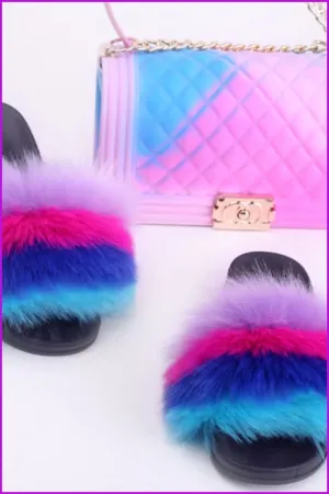 Faux Fake Fur Slides #6 & Candy Bag Set E