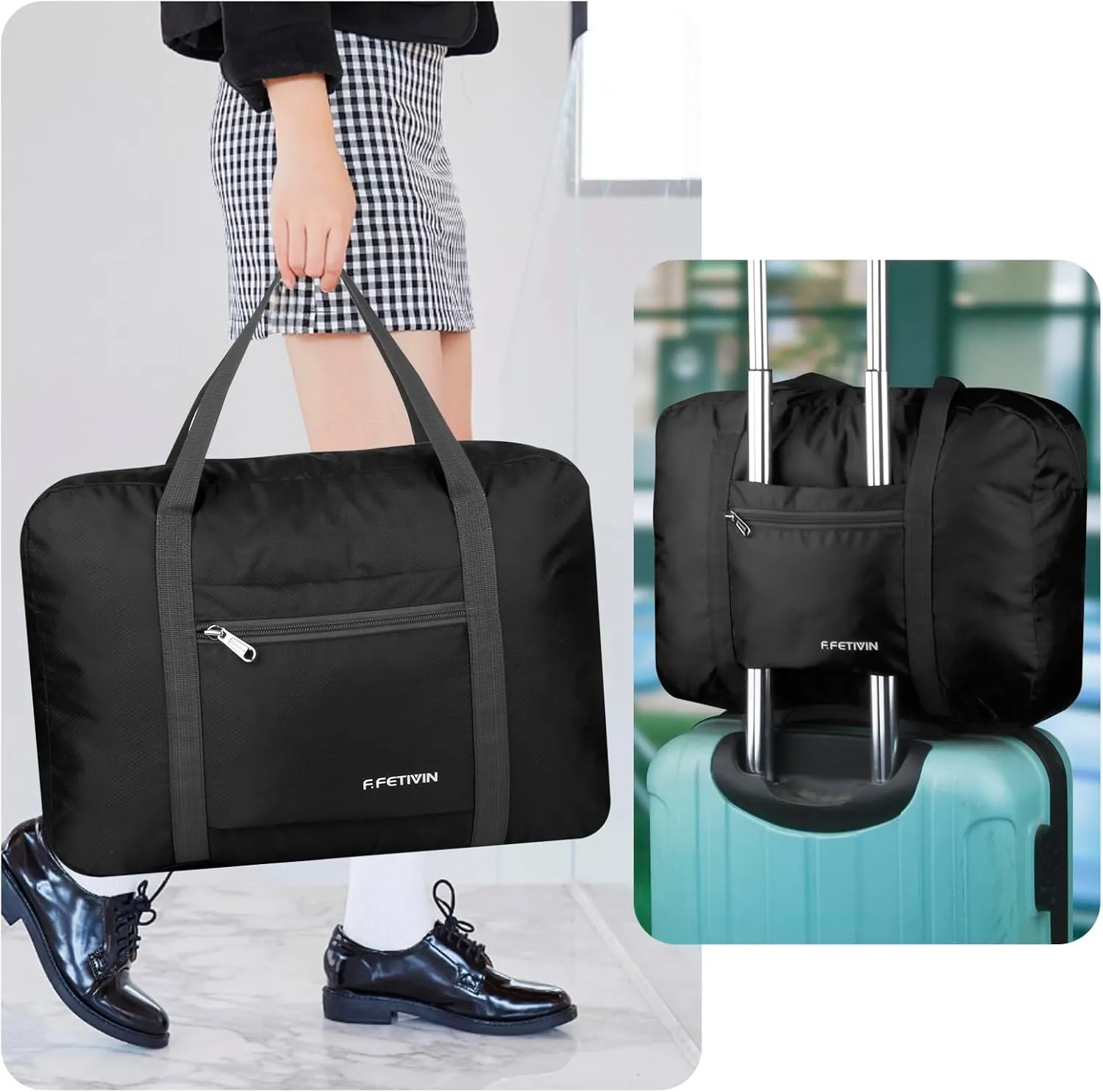 F.FETIVIN Personal item travel bag 17.7x12.6x6.3 for Spirit Airlines Lightweight carry on duffle bag waterproof for Gym,Sports,Vacation(Black)