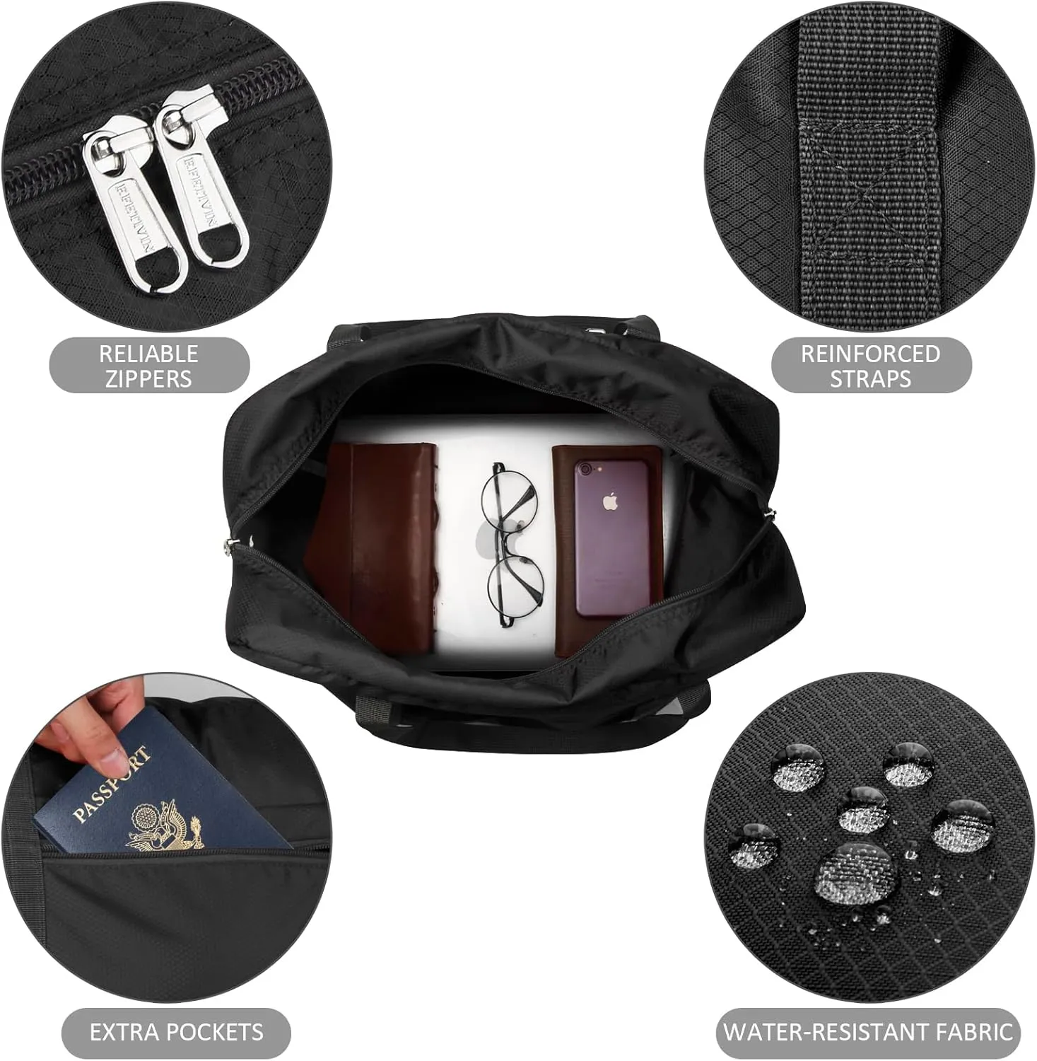 F.FETIVIN Personal item travel bag 17.7x12.6x6.3 for Spirit Airlines Lightweight carry on duffle bag waterproof for Gym,Sports,Vacation(Black)