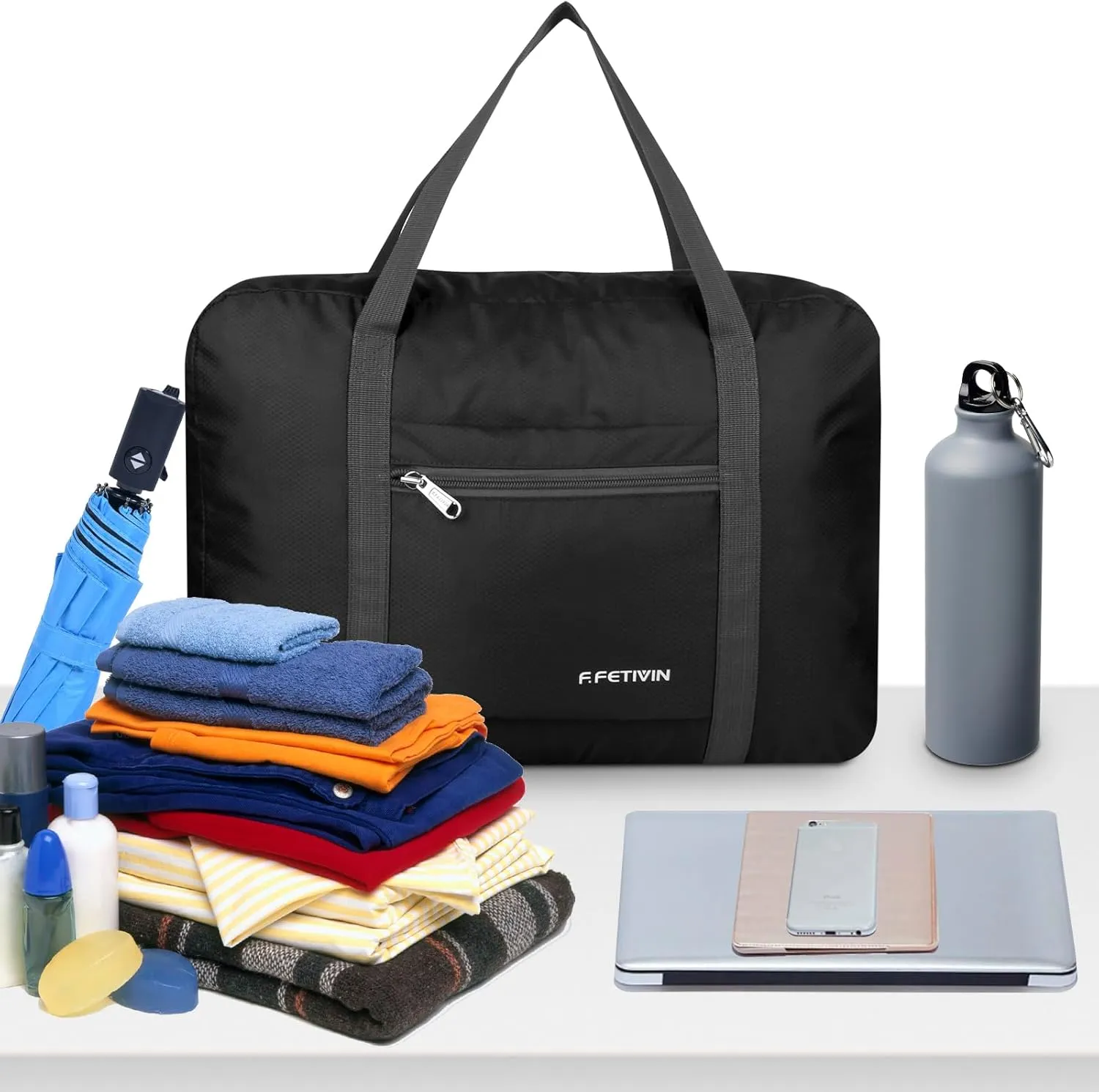 F.FETIVIN Personal item travel bag 17.7x12.6x6.3 for Spirit Airlines Lightweight carry on duffle bag waterproof for Gym,Sports,Vacation(Black)