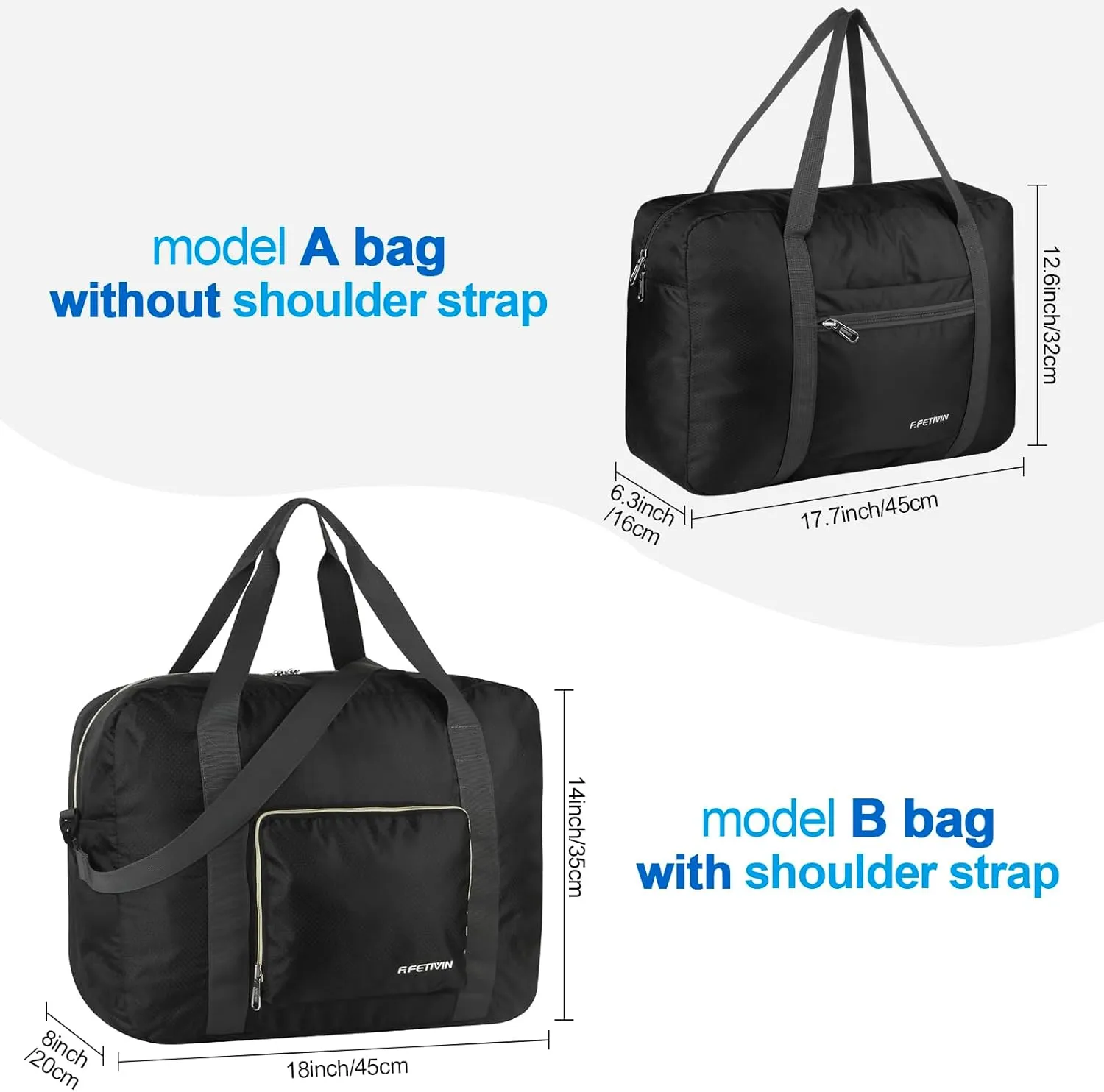 F.FETIVIN Personal item travel bag 17.7x12.6x6.3 for Spirit Airlines Lightweight carry on duffle bag waterproof for Gym,Sports,Vacation(Black)