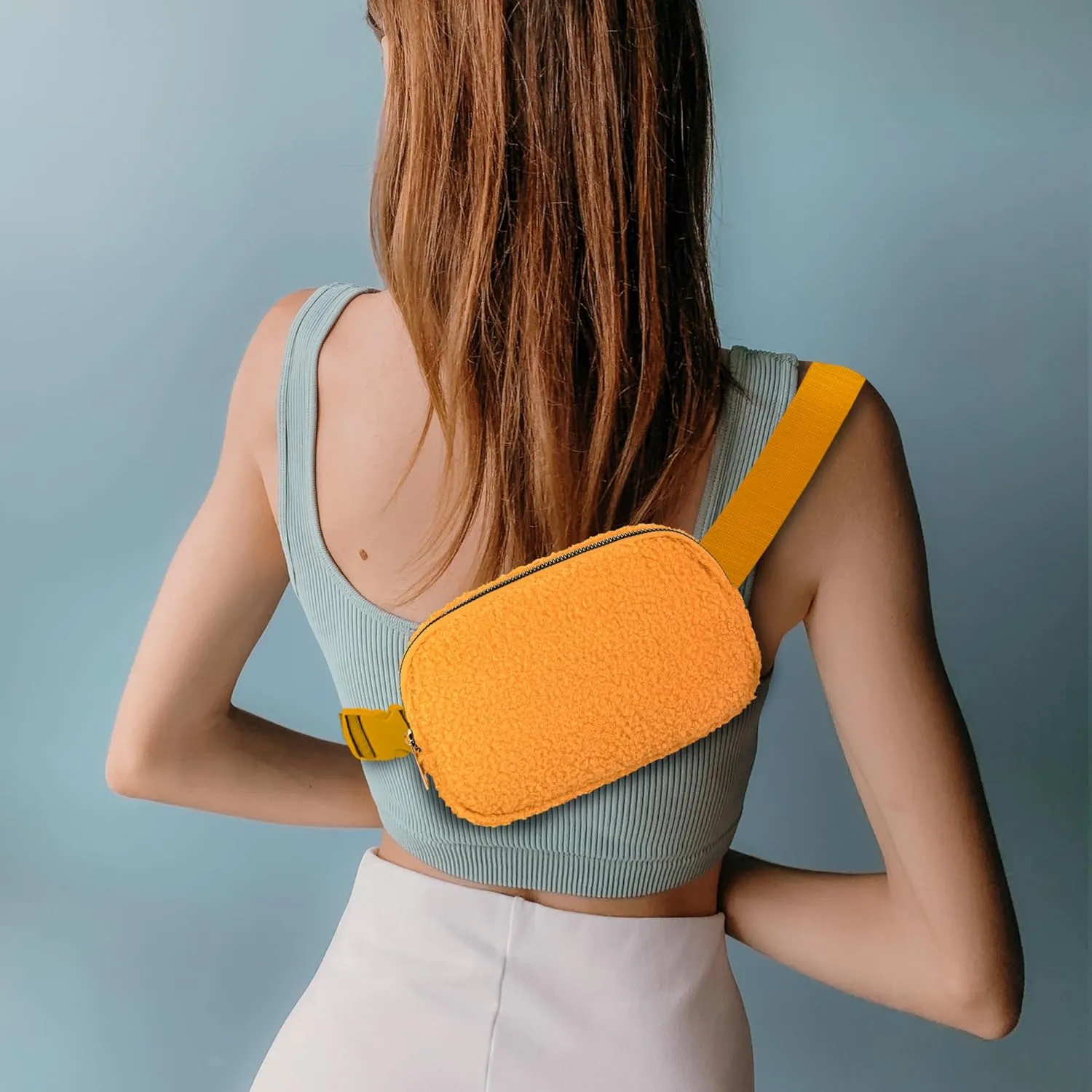 Fleece Fanny pack with Adjustable Strap for Women and Men Crossbody Bag Bum Bag, Waist Pack for Hiking Workout Sports Travel Yellow