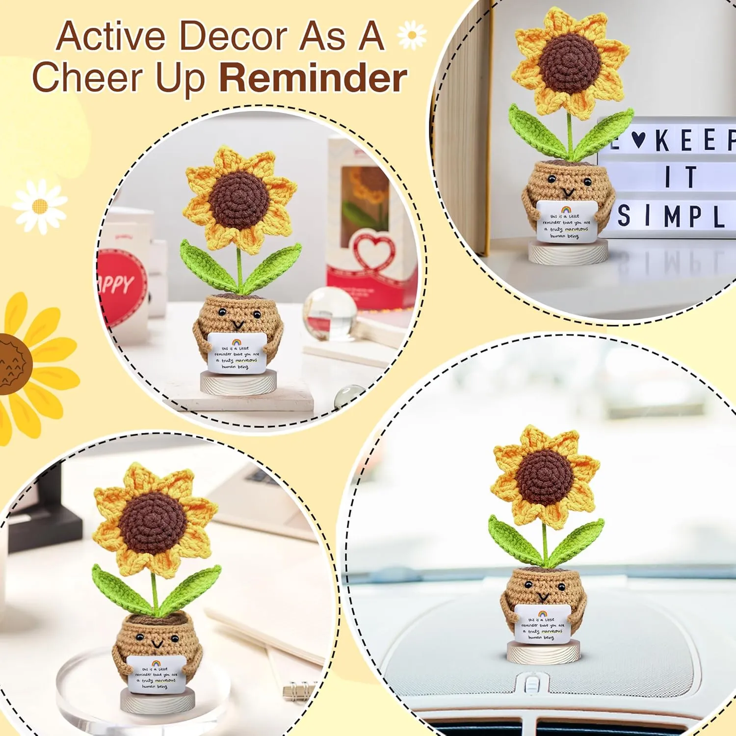 Gossby Positive Sunflower Doll Crochet with Card - This is A Little Reminder - Appreciation Gift for Coworker, Best Friend, Teacher, Sister, Mom - Christmas, Birthday, Thank You Gift for Women, Men