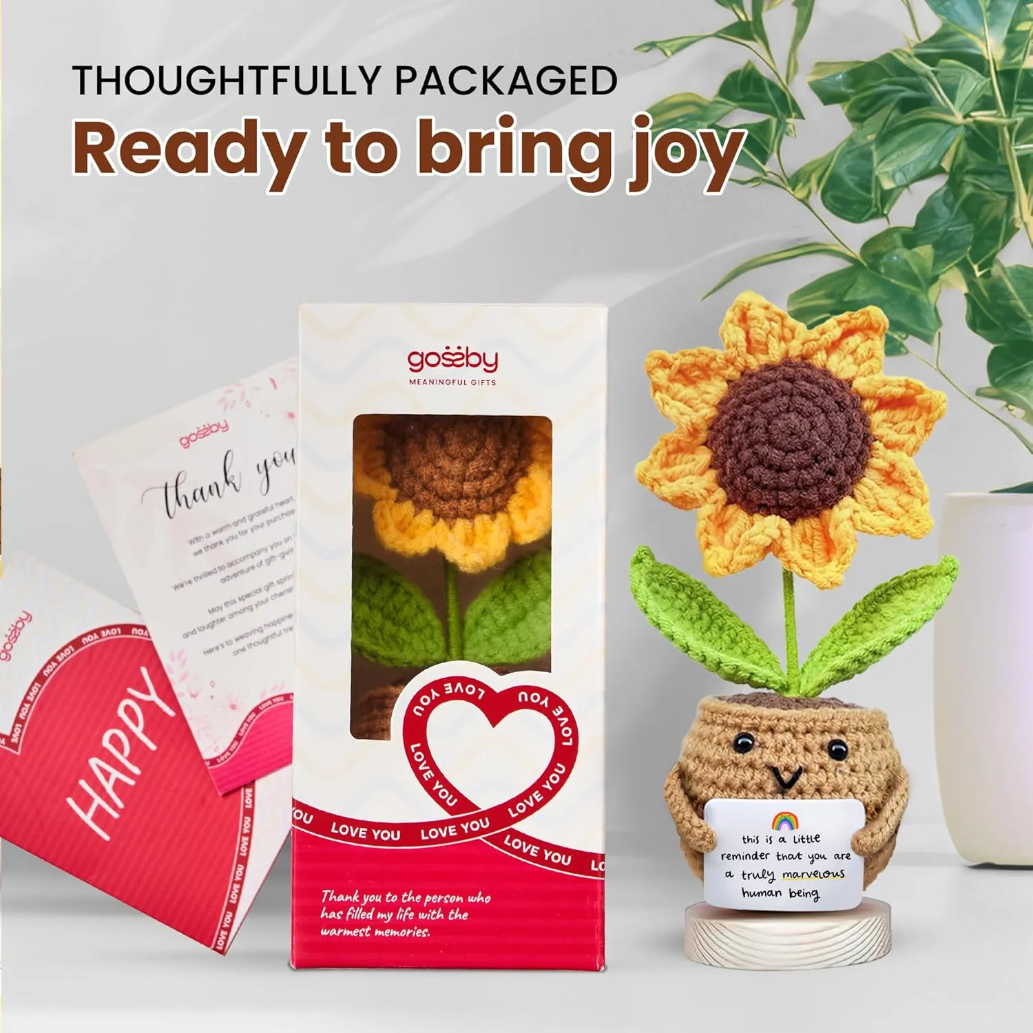 Gossby Positive Sunflower Doll Crochet with Card - This is A Little Reminder - Appreciation Gift for Coworker, Best Friend, Teacher, Sister, Mom - Christmas, Birthday, Thank You Gift for Women, Men