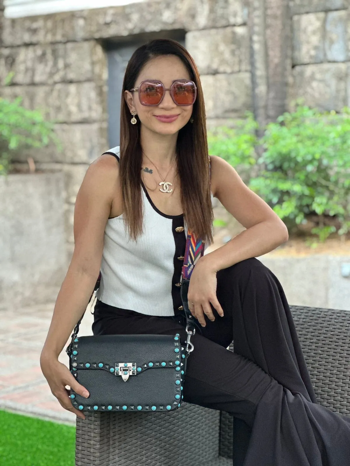 Guitar Rolling Rockstud Shoulder Bag
