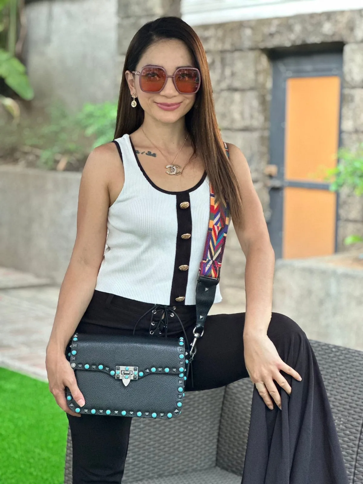 Guitar Rolling Rockstud Shoulder Bag