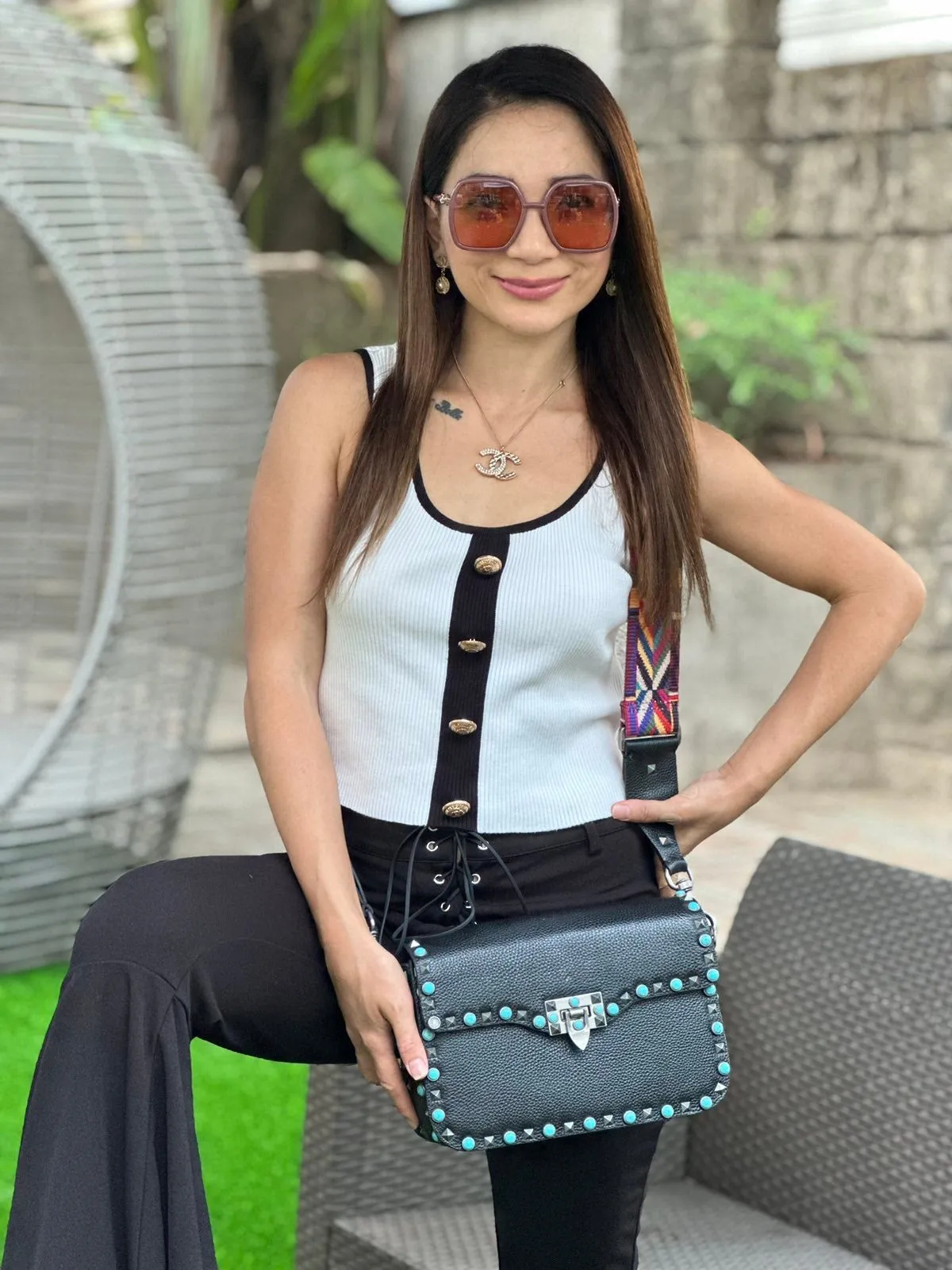 Guitar Rolling Rockstud Shoulder Bag