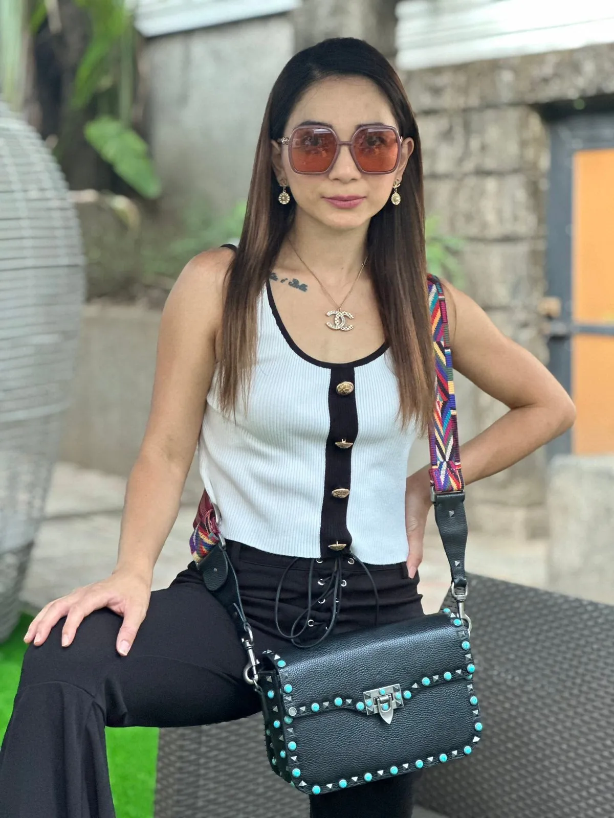 Guitar Rolling Rockstud Shoulder Bag