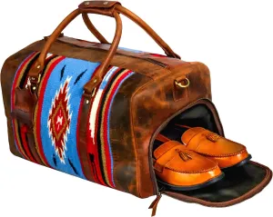 Handmade Premium Duffle Bag leather heavy duty Gym Sports Airplane Overnight Luggage Carry On Unisex Travel woven Rug Bag Wollen Hand Bag Gift for His/Her (RUG DUFFLE BAG MODULE_02)