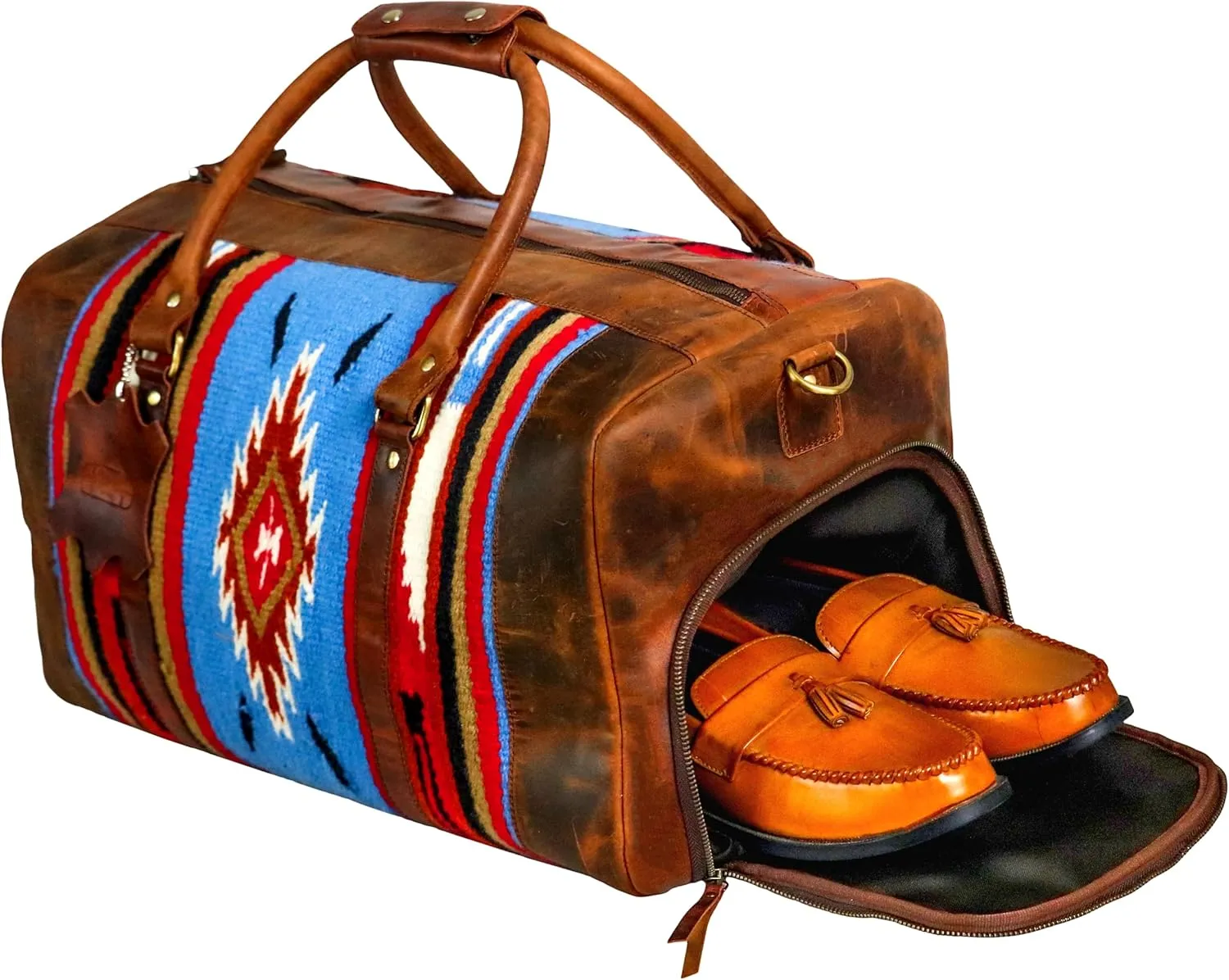 Handmade Premium Duffle Bag leather heavy duty Gym Sports Airplane Overnight Luggage Carry On Unisex Travel woven Rug Bag Wollen Hand Bag Gift for His/Her (RUG DUFFLE BAG MODULE_02)