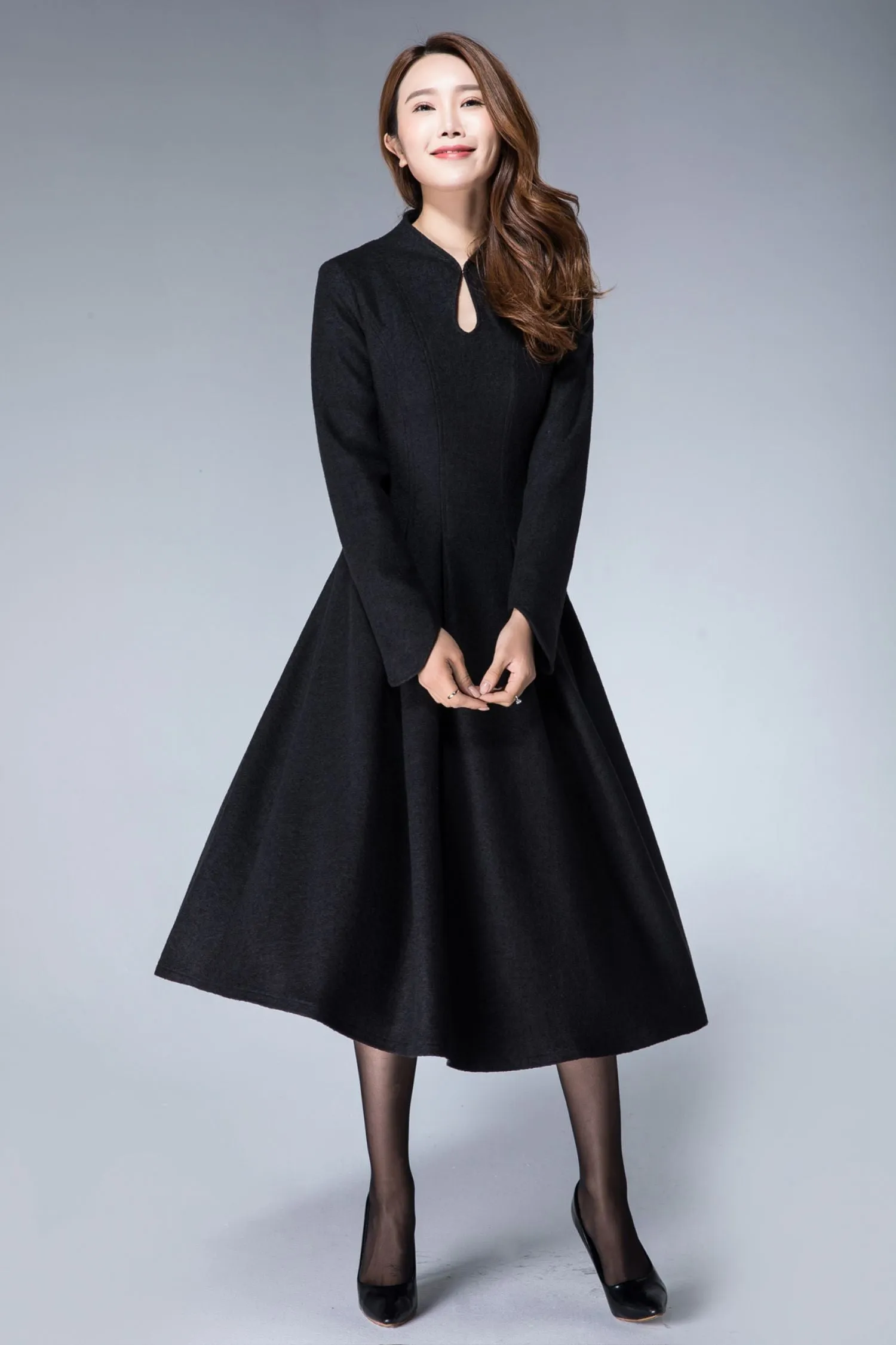 Handmade Women's Elegant Black Wool Midi Dress - Long Sleeve Winter A-Line Dress 1872