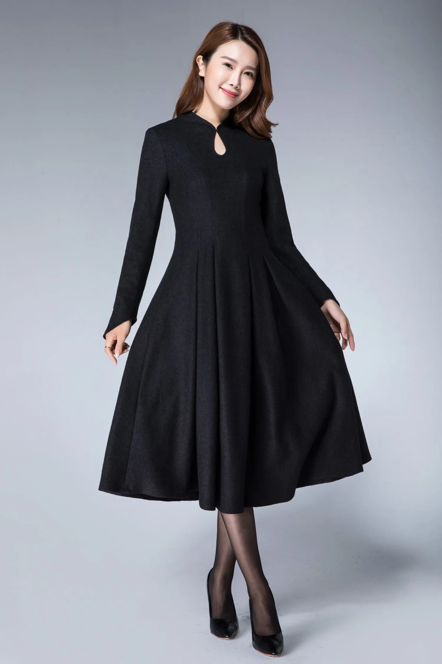 Handmade Women's Elegant Black Wool Midi Dress - Long Sleeve Winter A-Line Dress 1872