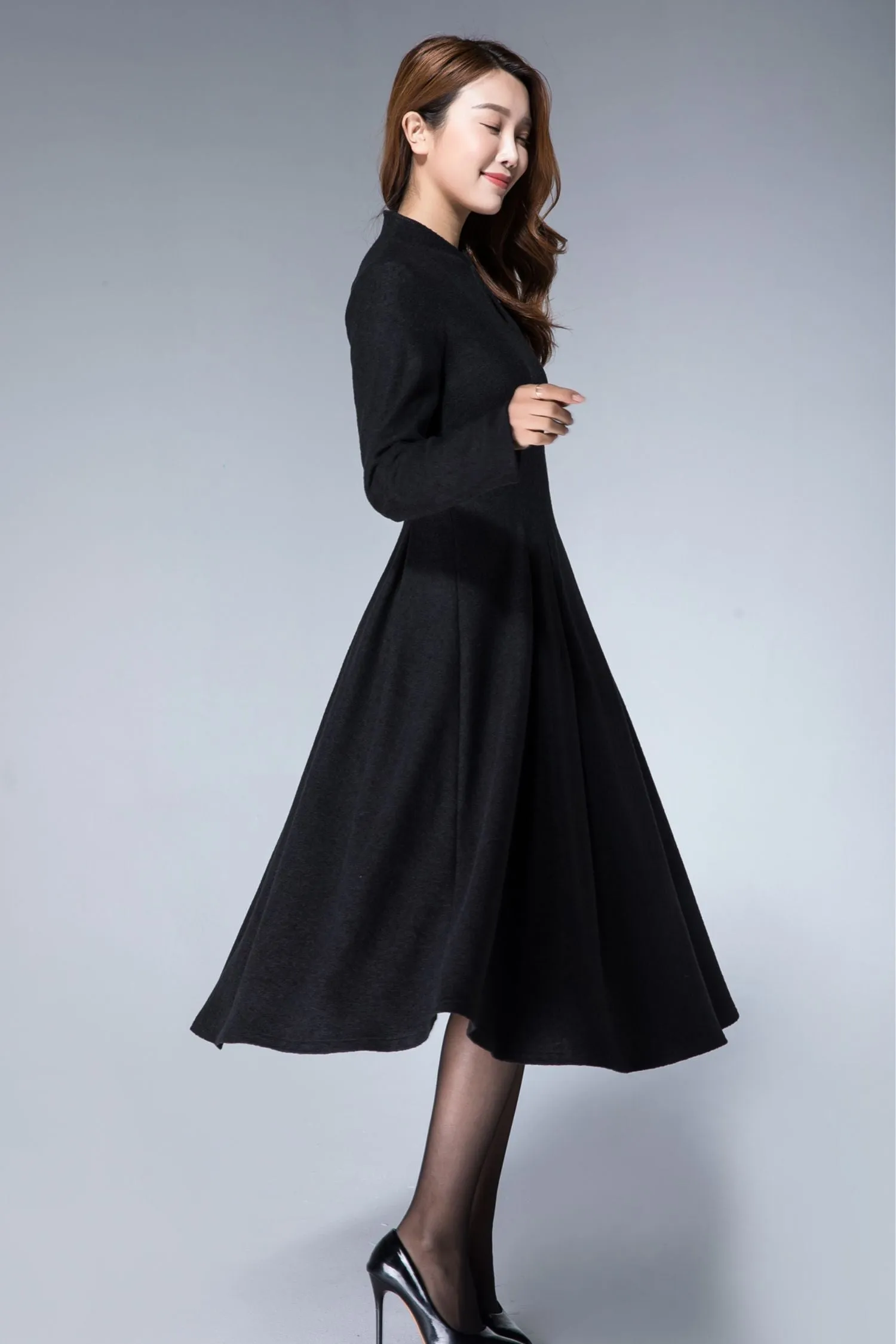 Handmade Women's Elegant Black Wool Midi Dress - Long Sleeve Winter A-Line Dress 1872