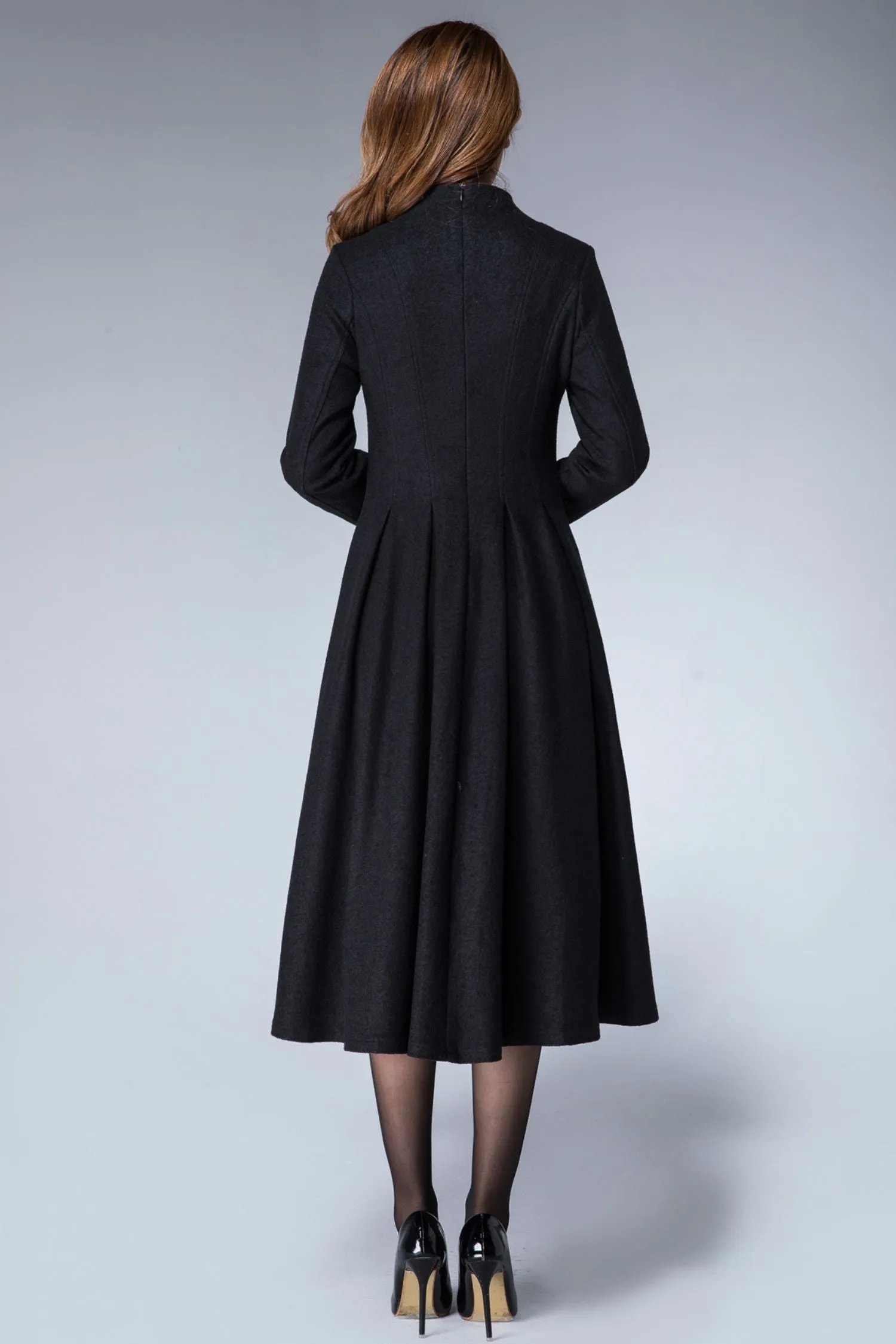 Handmade Women's Elegant Black Wool Midi Dress - Long Sleeve Winter A-Line Dress 1872
