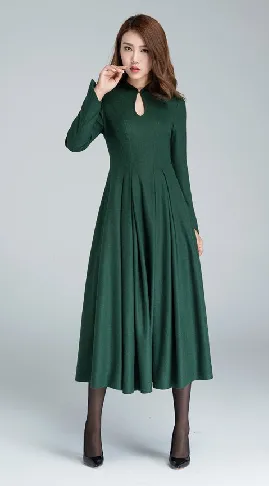 Handmade Women's Elegant Black Wool Midi Dress - Long Sleeve Winter A-Line Dress 1872