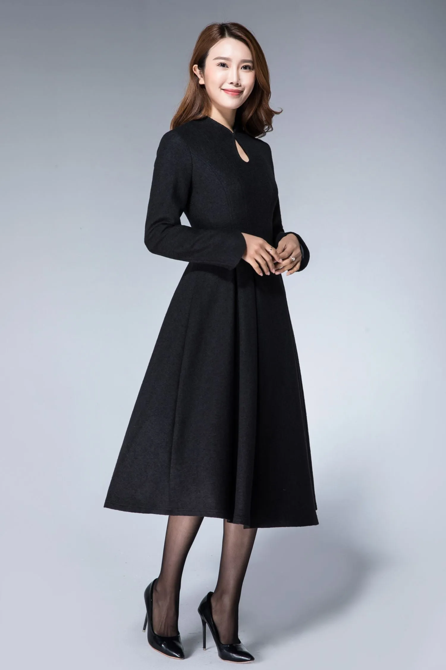 Handmade Women's Elegant Black Wool Midi Dress - Long Sleeve Winter A-Line Dress 1872