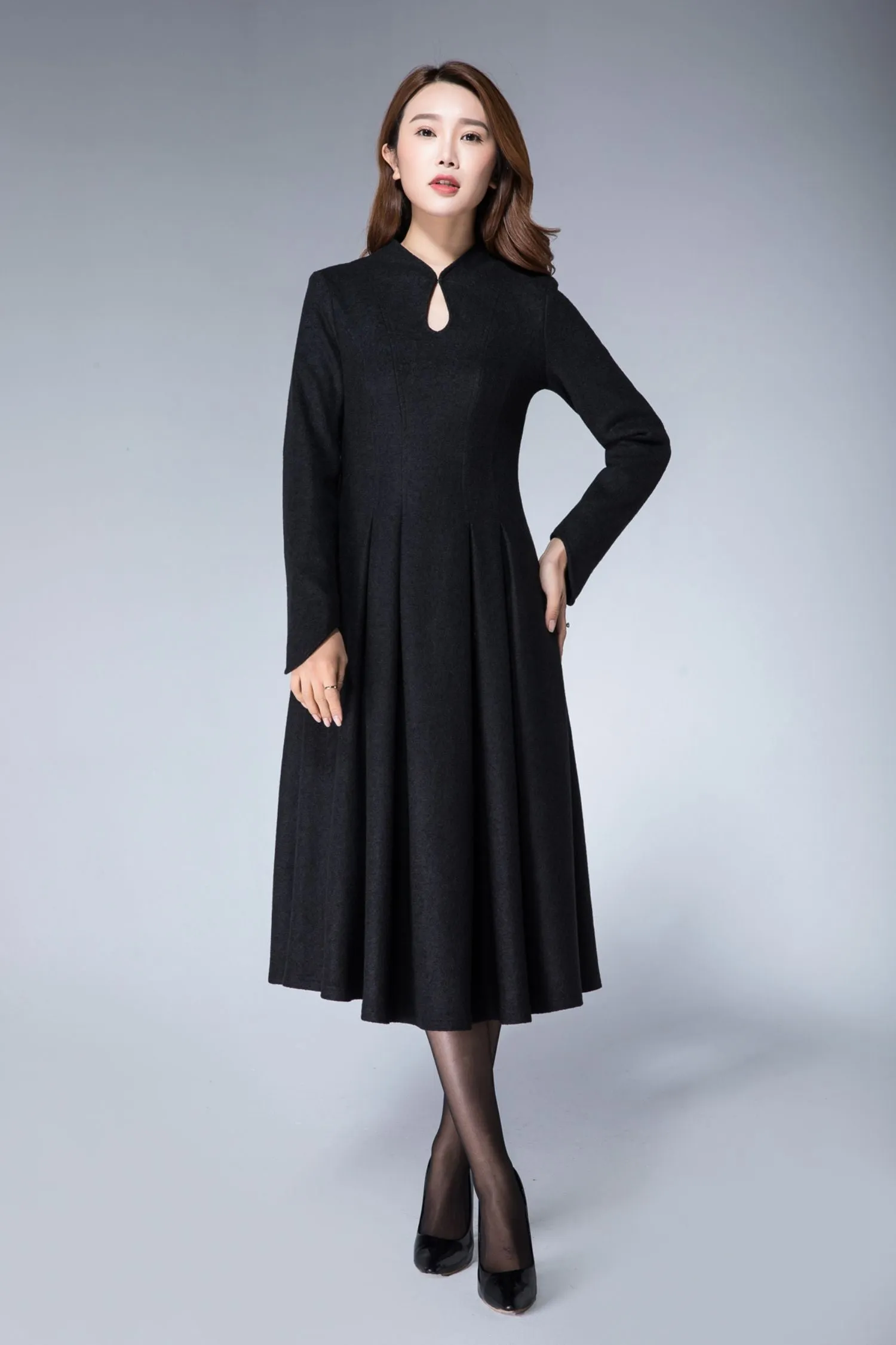 Handmade Women's Elegant Black Wool Midi Dress - Long Sleeve Winter A-Line Dress 1872