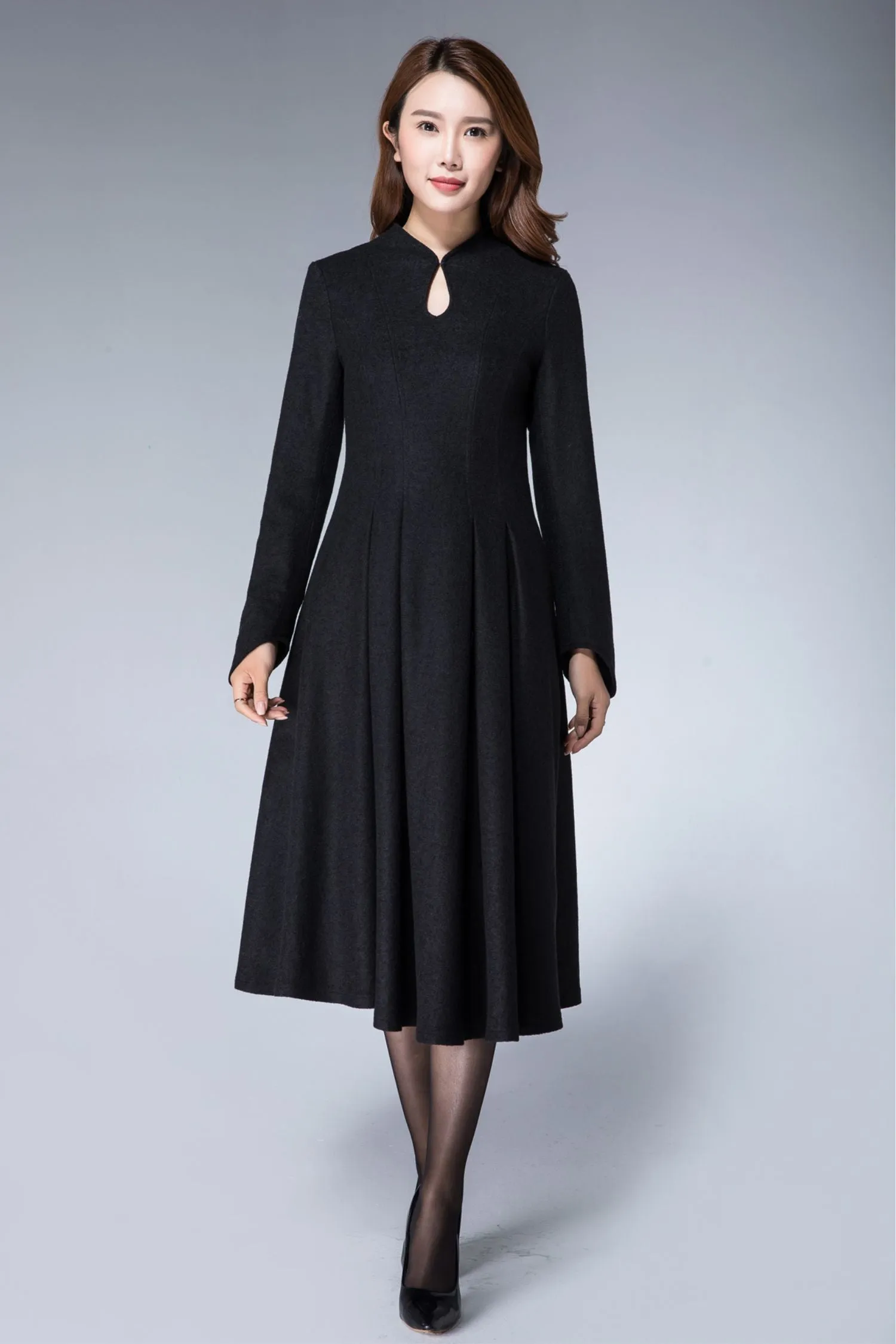 Handmade Women's Elegant Black Wool Midi Dress - Long Sleeve Winter A-Line Dress 1872