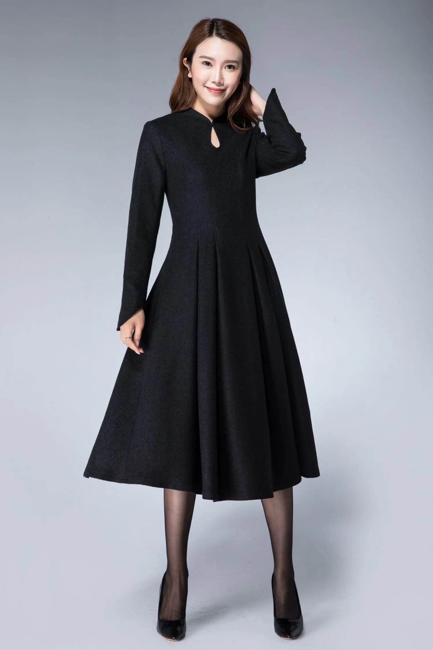 Handmade Women's Elegant Black Wool Midi Dress - Long Sleeve Winter A-Line Dress 1872