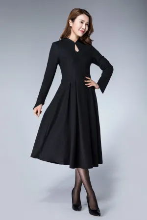 Handmade Women's Elegant Black Wool Midi Dress - Long Sleeve Winter A-Line Dress 1872