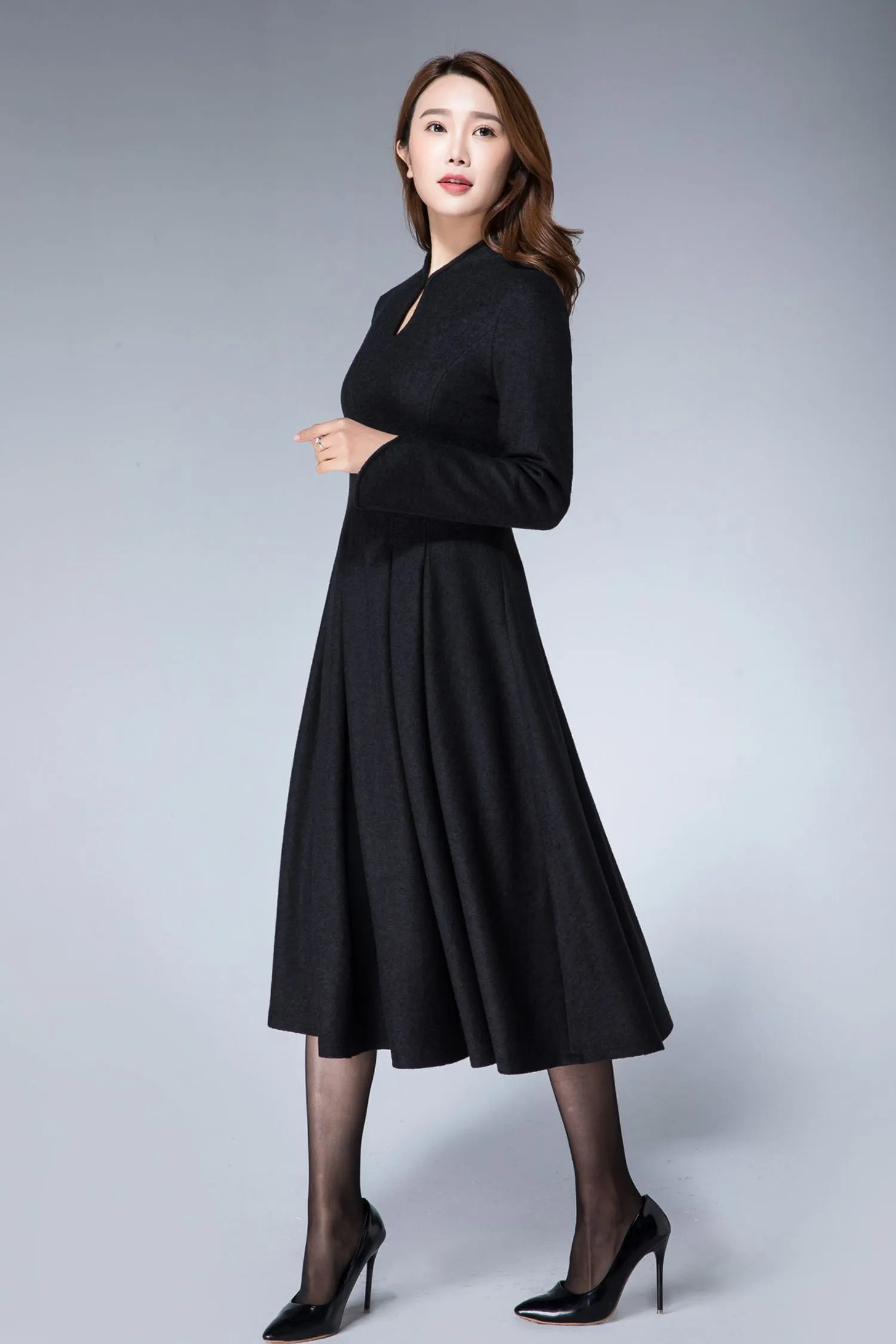 Handmade Women's Elegant Black Wool Midi Dress - Long Sleeve Winter A-Line Dress 1872